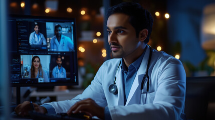 Dedicated Indian male doctor in white coat participates in virtual medical consultation using advanced technology in modern office at night