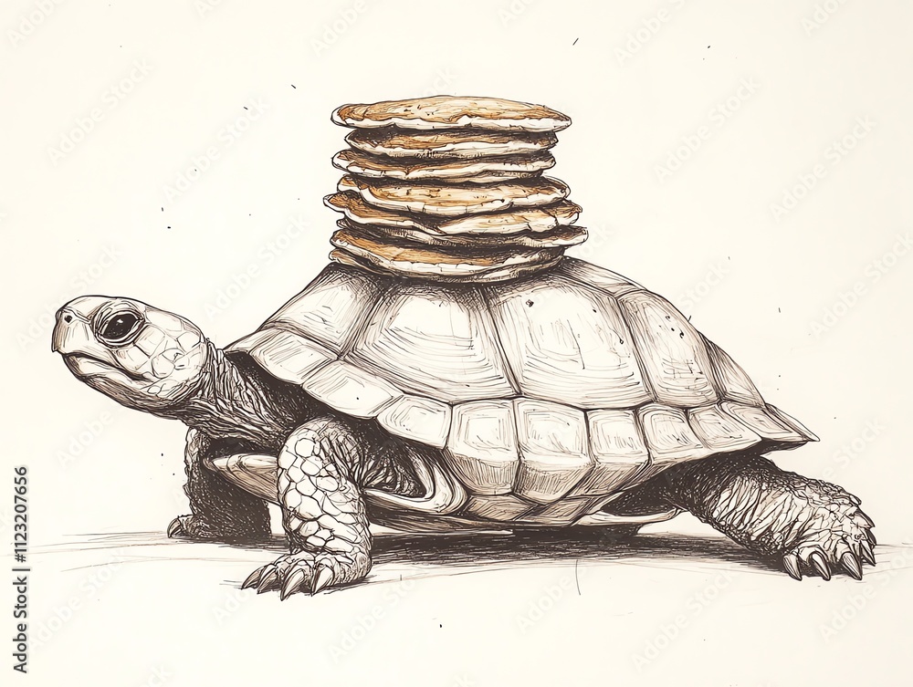 Poster a turtle carries a stack of pancakes on its shell, blending humor and whimsy.