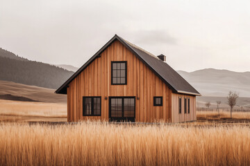 A frame wooden barn house with black french windows in a dessert setting in muted mocha brown colors, 2025 trends