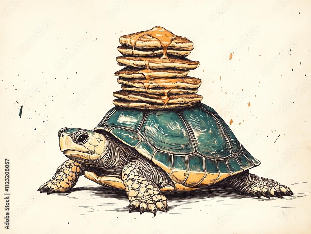 Poster a turtle carrying a stack of pancakes on its shell, blending whimsy and humor.
