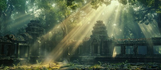 Obraz premium Stunning ancient mystical temple ruins enveloped in a lush overgrown forest landscape with shafts of warm sunlight beaming through the canopy creating a serene and ethereal atmosphere