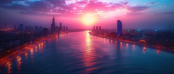 Fototapeta premium Stunning Coastal City Sunset Pink Sky Waterfront Skyline