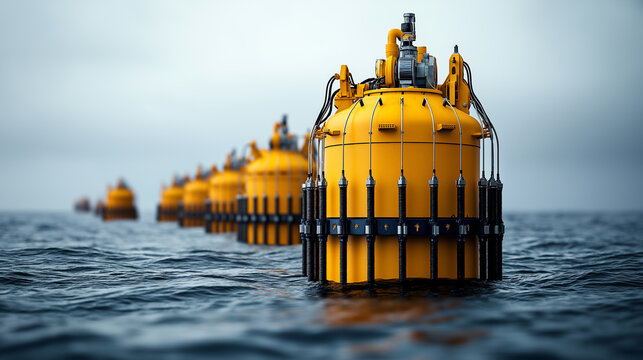 series of yellow buoys floating in calm water, designed for ocean research and monitoring. These structures are essential for data collection and environmental studies
