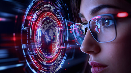 close up of woman wearing glasses, focused on digital interface displaying world map. image conveys sense of technology and innovation in futuristic setting