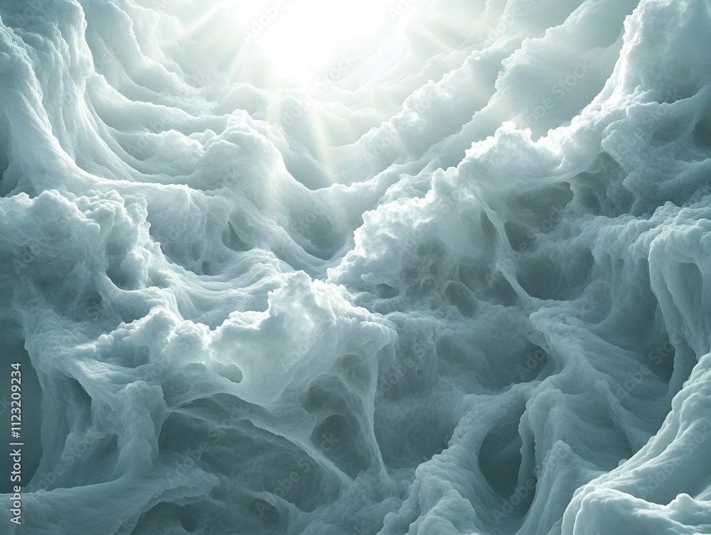 Poster abstract representation of soft, billowy clouds with a light source above.