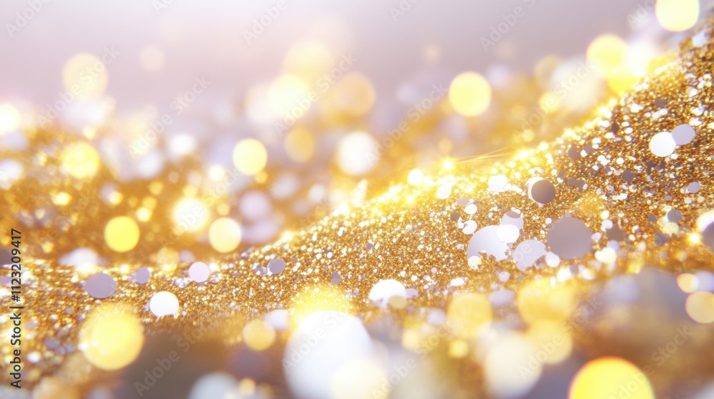 Poster close-up of a textured glittering gold surface with bright sparkles and bokeh effects, creating a lu