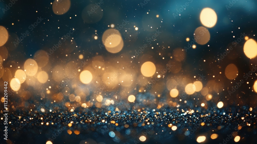 Poster an abstract background featuring soft golden bokeh lights and a dark, atmospheric setting, creating 