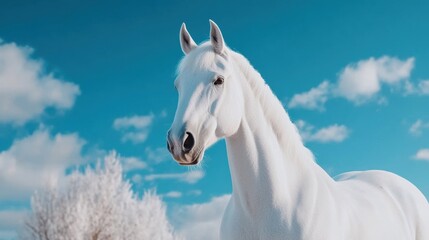 Obraz premium A majestic white horse in close-up, standing against a vibrant blue sky with soft clouds, exuding grace and beauty.