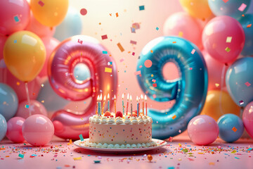 99th birthday card. Large, round birthday cake with lit candles placed on a table surrounded by colorful balloons and confetti.
