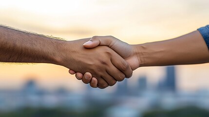 Business Partners Shaking Hands with Cityscape at Sunset,Symbolizing and Success