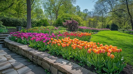 Fototapeta premium A vibrant and colorful tulip garden in full bloom, showcasing nature's beauty and variety, under clear blue skies, perfect for a cheerful spring day outing.