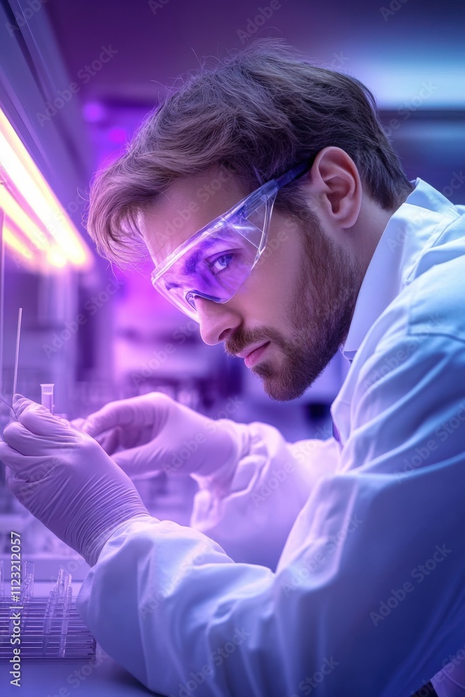 Poster focused scientist conducting experiment in high-tech laboratory with neon lighting