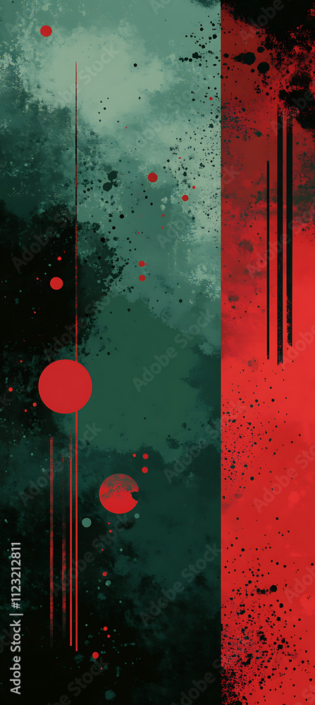 Poster abstract design with green and red colors, featuring circles and lines