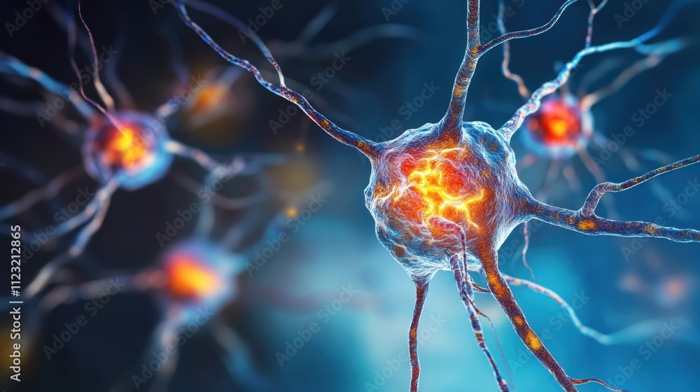 Poster detailed 3d rendering of neural cells transmitting electrical impulses, showcasing brain activity an