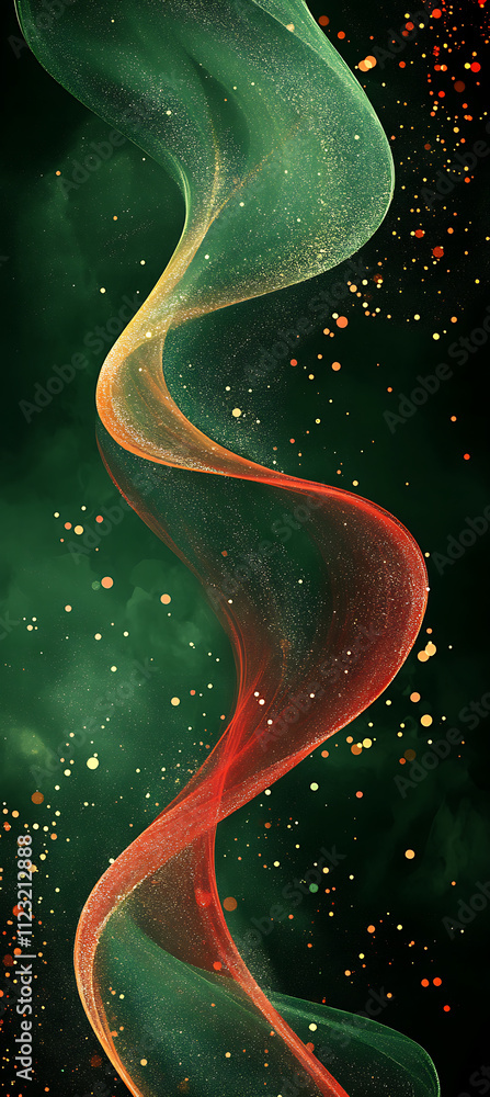 Poster vibrant abstract waves in green, red, and gold with sparkling particles create dynamic visual