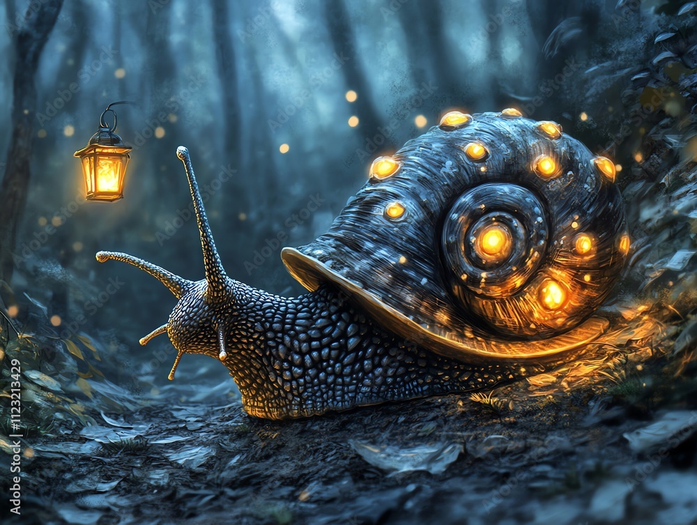 Poster a luminous snail with glowing shells in a misty forest setting beside a lantern.
