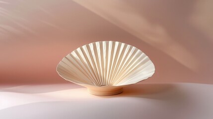 A delicate and intricate foldable fan table rests on a soft pink background, its dainty beauty charming the senses