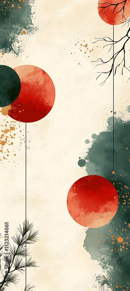 Poster abstract design featuring red and green circles with splashes and branches