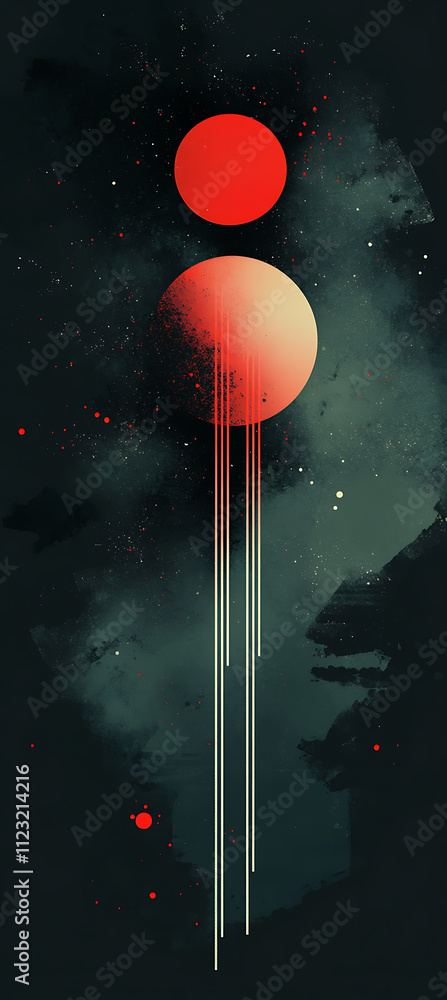 Poster abstract art featuring two large circles, one red and one peach, against dark background with splash