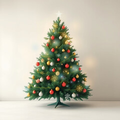 Fototapeta premium Watercolor Christmas Tree with Ornaments and Garlands, snowy landscape, pinecones