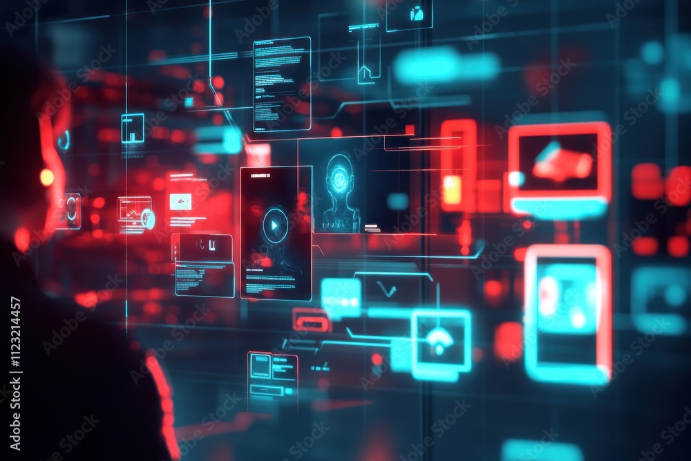 Poster person viewing a futuristic digital interface with glowing red and blue data streams and icons.