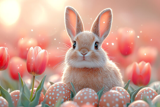 Una liebre sentada entre huevos y flores  fondo pantalla 