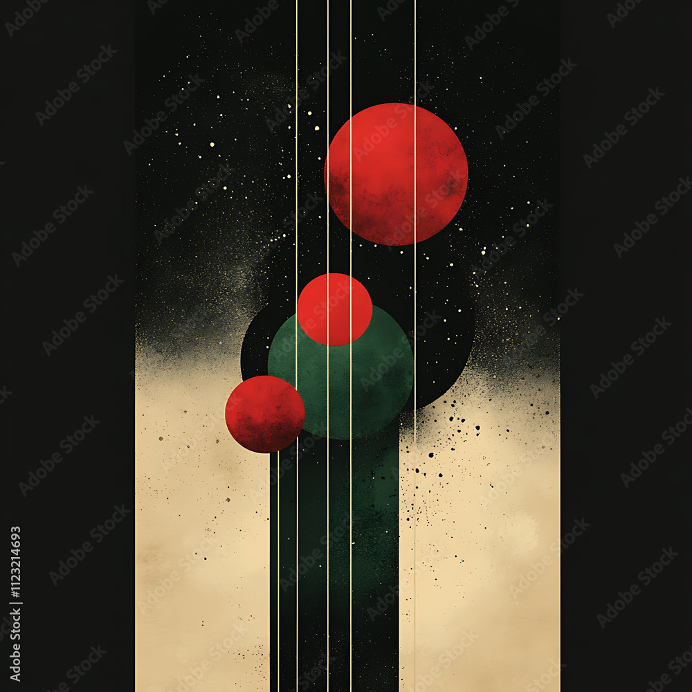 Poster abstract design featuring red and green circles against dark background, creating striking visual im