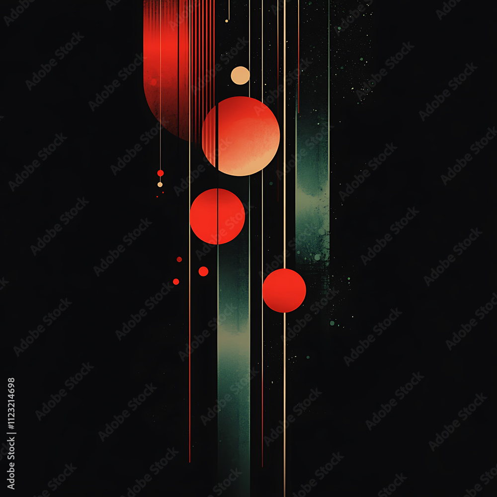 Poster abstract design featuring red circles and vertical lines on dark background