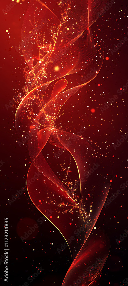 Poster vibrant red abstract background with glowing particles and flowing lines
