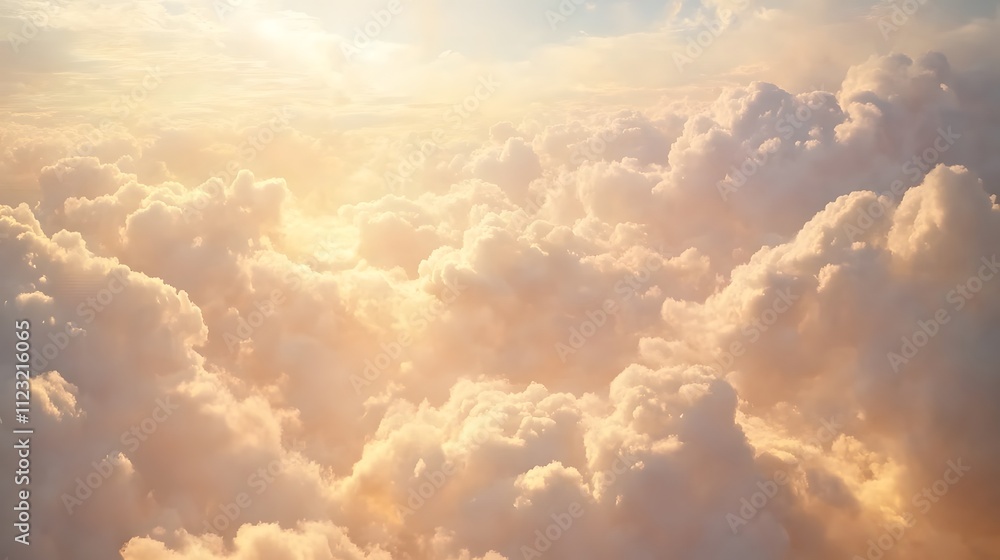 Poster a serene view of fluffy clouds illuminated by soft sunlight.