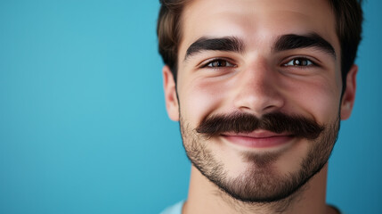 Obraz premium Happy Young Man with a Mustache on a Blue Background 