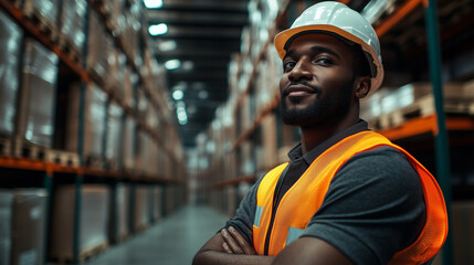 Fototapeta premium A confident warehouse worker wearing a safety vest and helmet stands in a well-organized industrial storage facility, exuding professionalism and readiness. Rows of shelves filled with goods stretch i