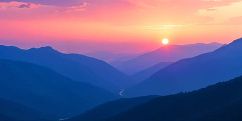 Obraz premium A purple sunset over a mountain range with trees in the foreground