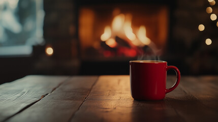 Fototapeta premium Winter Comfort: Red Coffee Cup and Fireplace in the Background 