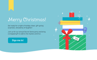 Charming Christmas vector illustration. A pile of gift boxes from Secret Santa, in snow surrounded with stars. Concept for party invitation or web banner