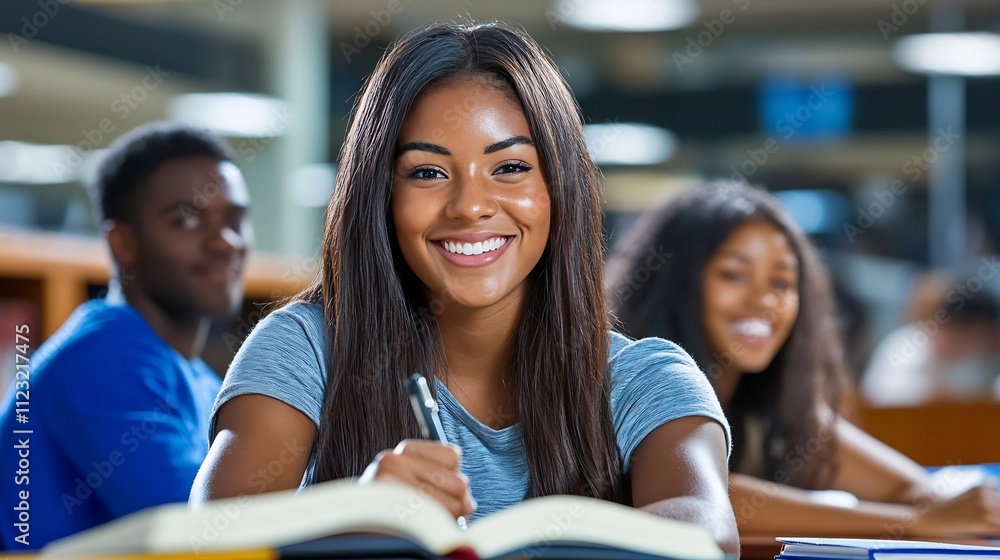 Poster group of diverse students studying together in library setting