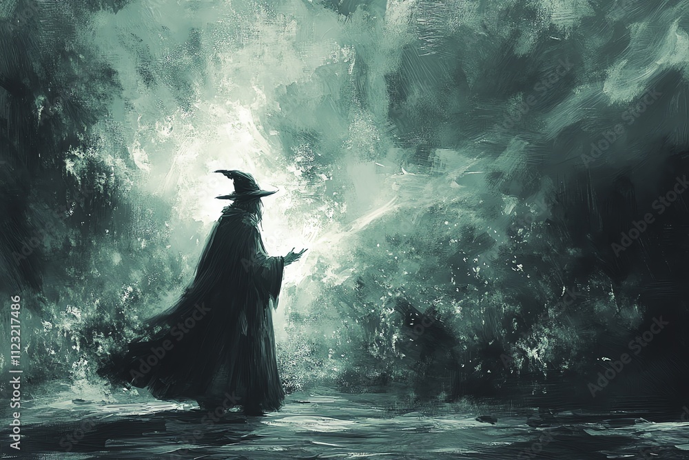 Poster a mysterious figure in a cloak casts magic in an ethereal, foggy environment.