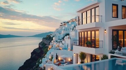 Fototapeta premium Scenic View of Whitewashed Villas Overlooking Calm Aegean Sea at Sunset in Santorini, Greece