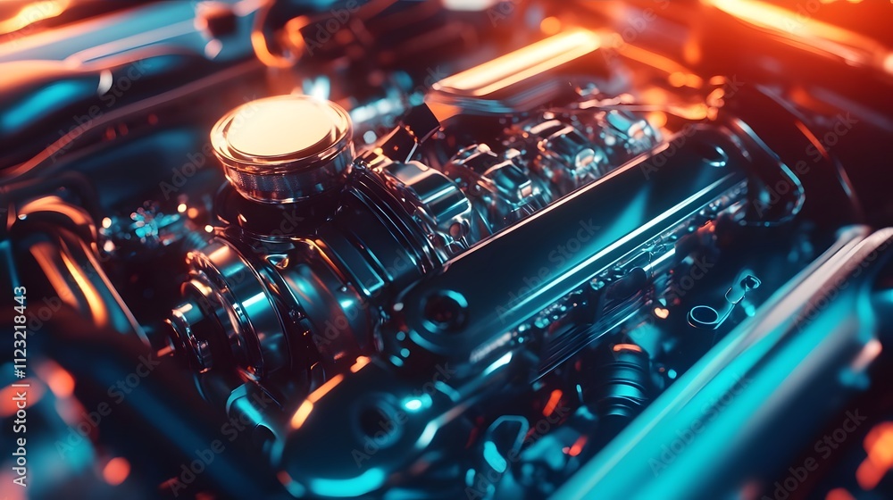 Poster a close-up view of a shiny, complex engine component illuminated with vibrant lighting.