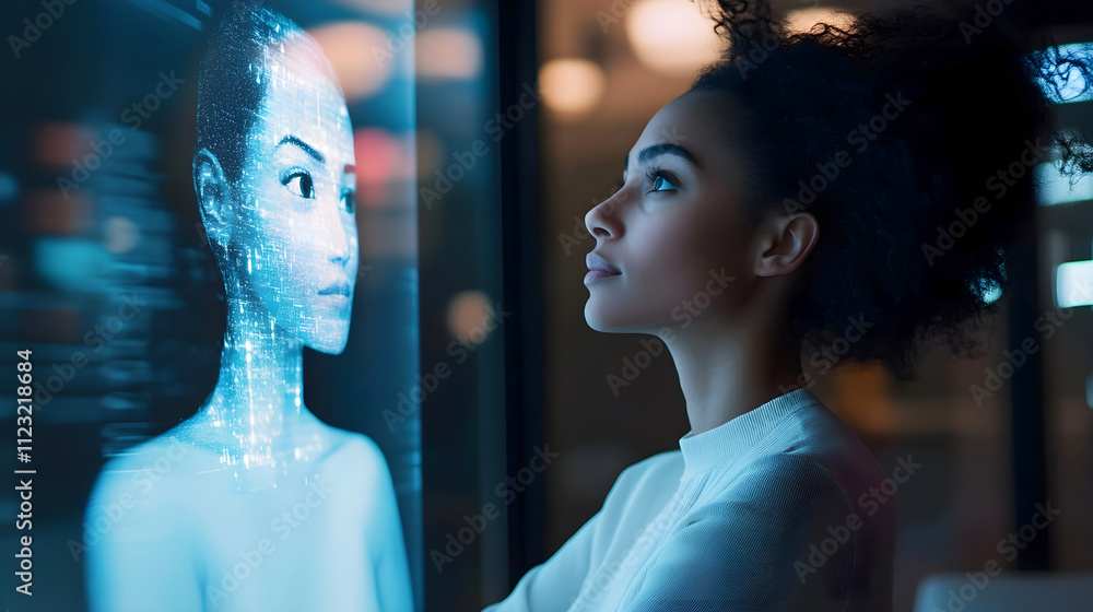 Poster woman engaging with a digital holographic ai interface, symbolizing futuristic technology and human-