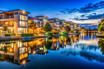 Fototapeta premium Night Photography of Caroline Springs Lake Surrounded by Modern Apartments and Luxury Houses, Showcasing Urban Living and Real Estate Development in a Vibrant Neighborhood