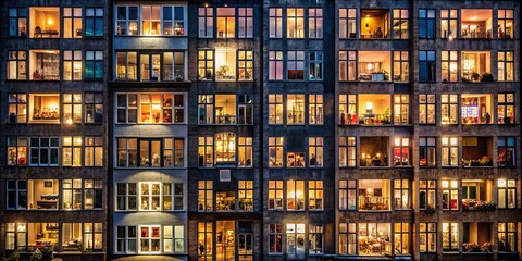 Nighttime View of Copenhagen Building Facade with Illuminated Windows Reflecting Neighbors' Lives in a Communal Space, Showcasing the Urban Lifestyle and Architecture