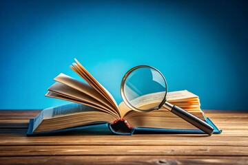 Open Book and Magnifying Glass on Blue Background - Symbolizing Research and Discovery in Learning Environments for Educational Purposes