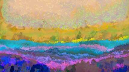 This colorful abstract painting blends vivid hues of purple, pink, yellow, and green to form a...