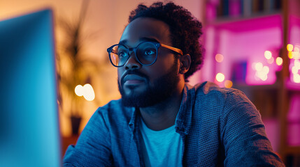 A thoughtful programmer working late in a warm, ambient-lit room with multiple screens displaying vibrant digital content. The reflection of data on the glasses adds a futuristic and tech-driven vibe.