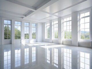 Fototapeta premium Serene Empty White Room with Large Windows and Gleaming White Floors Illuminated by Natural Light in a Tilt-Shift Photography Style for Interior Design Inspiration