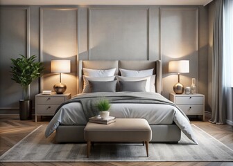 Fototapeta premium Serene Bedroom with Pristine White and Gray Bed Linen, Cozy Side Table, and Elegant Lamp Perfect for Relaxation and Tranquility in a Modern Home Setting
