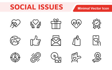 Social Issues Icon Set. Thought-provoking and impactful icons designed to raise awareness and promote engagement, perfect for enhancing campaigns, websites, and educational materials.