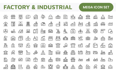 Factory Icon Set. A dynamic collection of icons representing manufacturing and industrial processes, perfect for engineering sectors to convey efficiency and innovation.