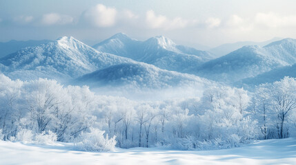 Breathtaking winter landscape, snow-covered mountains. The mountains are beautifully white by the fresh snowfall. Forest on the mountain slopes. Soft light illuminates the scene, enhancing the tranqui